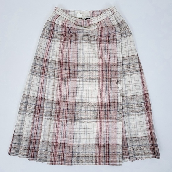 Plaid Wool Midi Skirt pleated pleats full asymmetrical geometric checkered - Picture 7 of 8